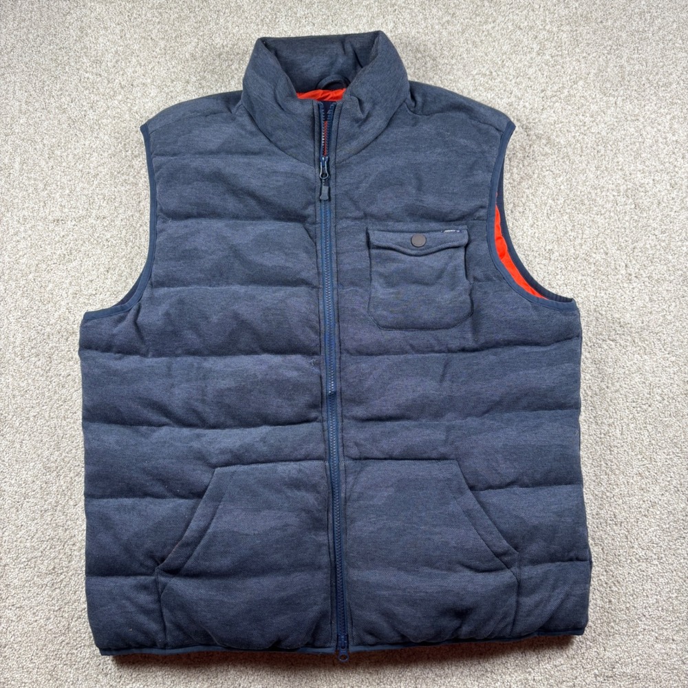 johnnie-O Puffer Vest Men XL Blue Camo Quilted Full Zip Orange Lining Sleeveless